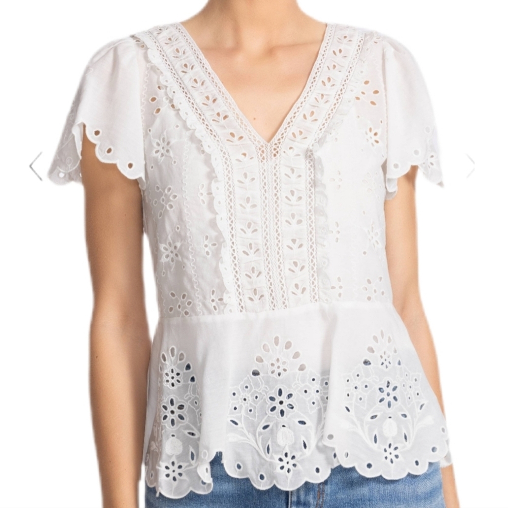 Johnny Was Jade Elizabeth white cotton embroidered eyelet peplum top S NWT
